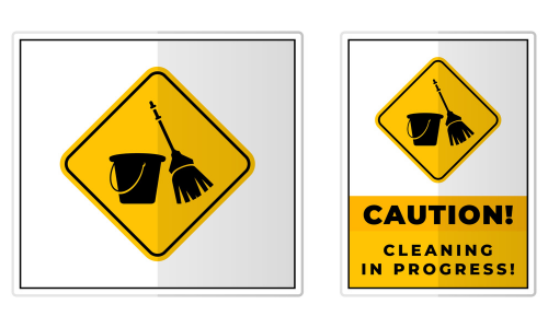 Placas de trânsito amarelas, com símbolos de balde e esfregão.